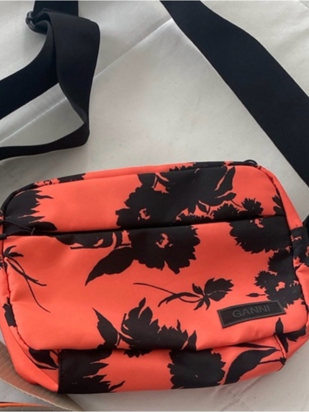 Ganni Festival Bag Red-Coral-Orange Crossbody Bag with Black Floral Print